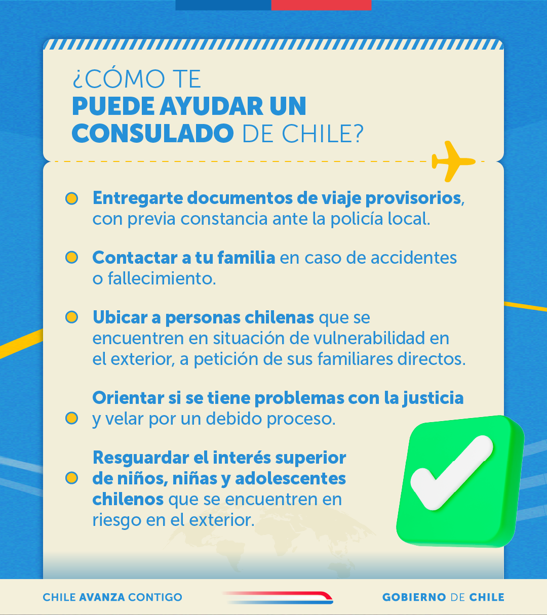 • Entregarte documentos de viaje provisorios, con previa constancia ante la policía local. • Contactar a tu familia en caso de accidentes o fallecimiento. • Ubicar a personas chilenas que se encuentren en situación de vulnerabilidad en el exterior, a petición de sus familiares directos. • Orientar si se tiene problemas con la justicia y velar por un debido proceso. • Resguardar el interés superior de niños , niñas y adolescentes chilenos que se encuentren en riesgo en el exterior.