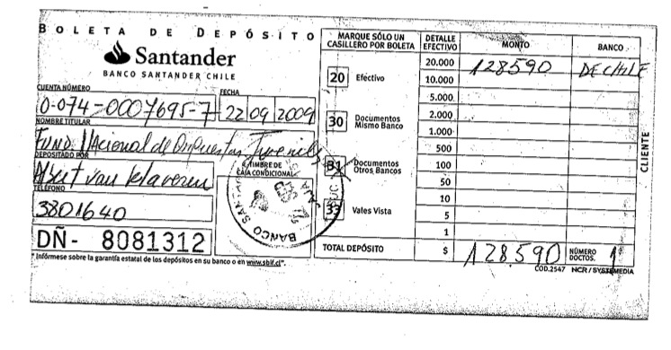 Boleta de depósito aporte a Fundación Nacional de Orquestas Juveniles por 128 mil 590 pesos